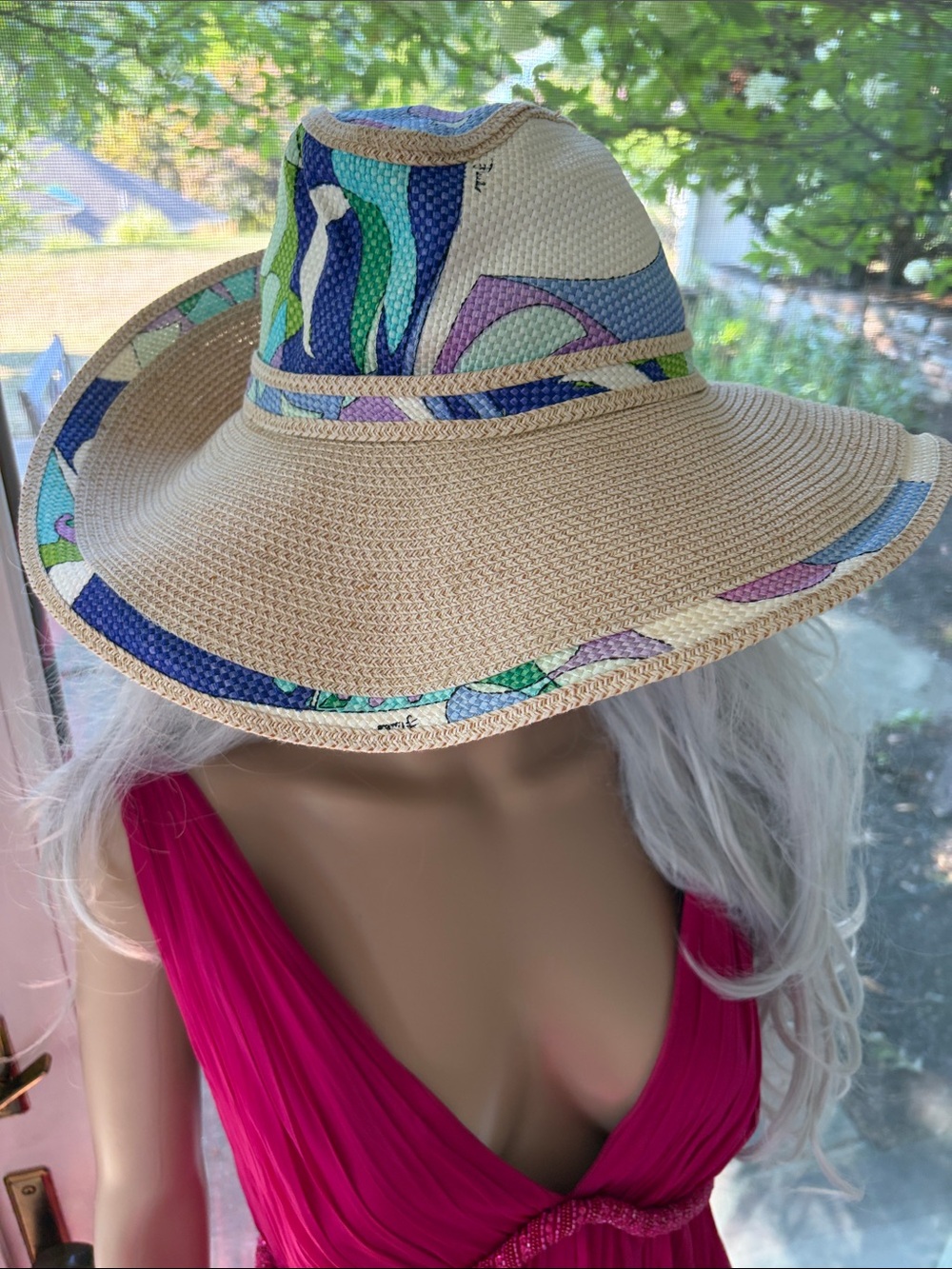 Emilio Pucci Straw Sun Hat with Multicolor Blue, Green, Purple Print Size II M
